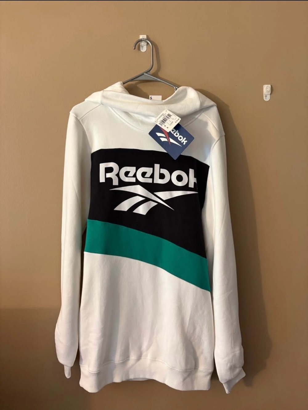 Reebok White Hoodie with Black Panel and Teal Stripe - Picture 1 of 2
